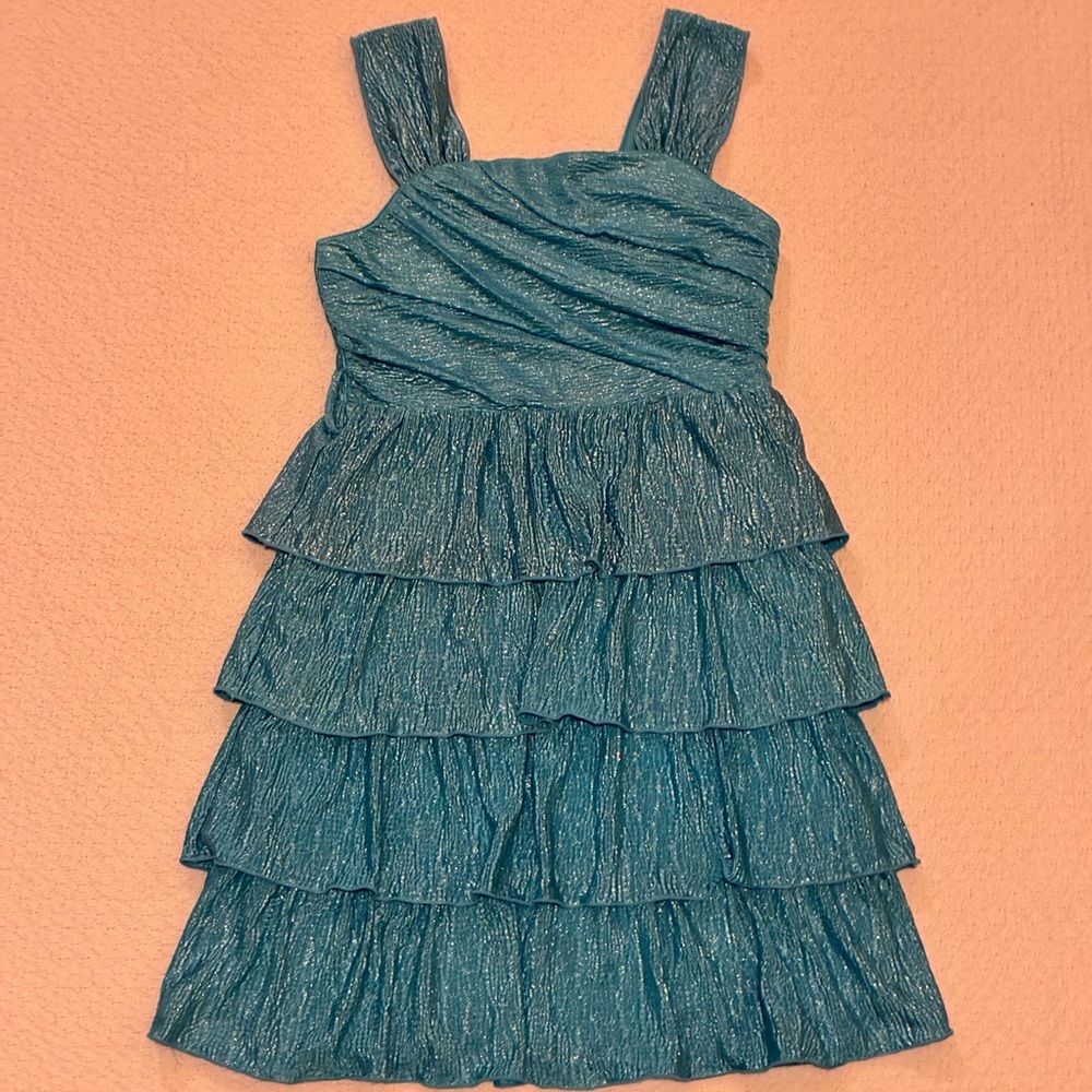 My Michelle Shimmering Tiered Dress, teal, sz 7